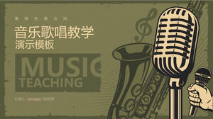 Green retro microphone, saxophone background music, singing teaching PPT template download