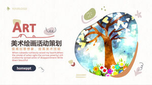 Template PPT untuk merencanakan kegiatan seni lukis dengan latar belakang pohon dan bunga yang dilukis dengan tangan berwarna-warni