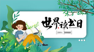 Sfondo della ragazza di lettura in stile illustrazione Download del modello PPT per la Giornata mondiale del libro