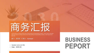 Unduh template PPT laporan bisnis oranye dengan latar belakang desktop kantor