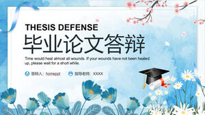 Taze sulu boya çiçek arka planına sahip mavi mezuniyet tezinin savunması için PPT şablonunu indirin
