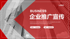 Laden Sie die PPT-Vorlage für Unternehmenswerbung und Verkaufsförderung im roten und grauen Farbschema für den Hintergrund eines Bürogebäudes herunter
