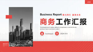 Download the PPT template for the red business work report in the background of the office building