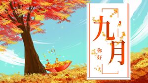 September Theme PPT Template with Beautiful Maple Tree and Maple Leaf Background