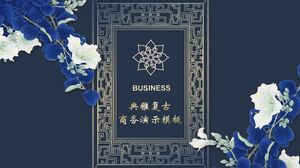 Modelo clássico e elegante de apresentação de negócios PPT com fundo de flor aquarela azul