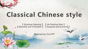 Modello PPT in stile cinese classico con loto, foglie di loto, fiori di susino, gru, sfondo