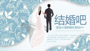 Blaue frische PPT-Vorlage für die Hochzeitsplanung mit exquisitem Musterhintergrund
