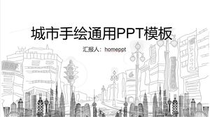 Modelo PPT de apresentação de negócios para fundo de cidade desenhado à mão com linhas em preto e branco