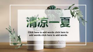 Un modello PPT per il tema "Cool Summer" con uno sfondo di vasi di fiori e piante verdi