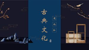 الجبال الزرقاء والأنهار والزهور والطيور خلفية النمط الصيني الصيني الأنيق "تاو لي هو" قالب PPT للدعاية للثقافة الكلاسيكية