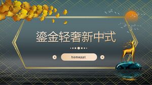 Goldene Hirschskulptur mit Ginkgoblatt-Hintergrund, vergoldete, helle, luxuriöse neue chinesische PPT-Vorlage