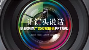 Kameraobjektiv-Hintergrund „Let the Lens Speak“ PPT-Vorlage für Film- und Fernsehproduktion, Werbemedien, Fotografie