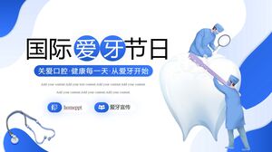 Fundo de médico de desenho animado azul para limpeza de dentes Modelo PPT do Dia Internacional dos Dentes de Amor