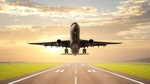 Blue landing takeoff airplane PPT background picture