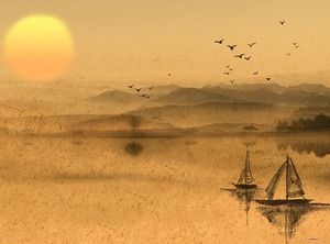 黃色漁船唱晚中國風PPT背景圖片