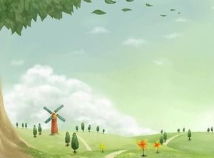 Image d'arrière-plan PPT de paysage rural de dessin animé vert