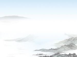 淡蓝色远山云朵中国画PPT背景图片