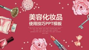 Modèle PPT de beauté de fond de cosmétiques aquarelle fleur rouge