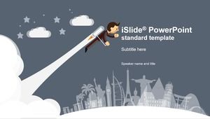 Little flying man flying around the world-cartoon style work summary report of the tourism industry ppt template