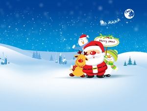 Мультфильм Санта оленей снеговик-красивый вектор снег сцена синий рождественский шаблон ppt