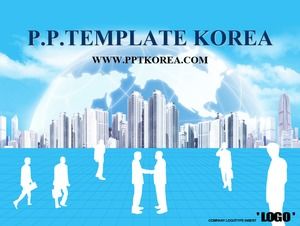 Hollow business characters city informational earth background classic blue business ppt template