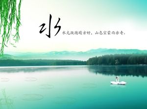 Weeping willow, flying birds, clouds, lakes and mountains, Chinese style ppt template