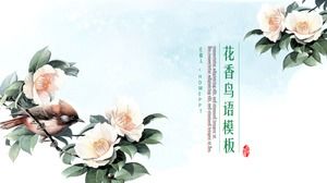 Modelo de PPT de linguagem floral e de pássaros em fundo de pintura chinesa