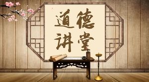 Templat PPT gaya Cina klasik pada latar belakang meja perkuliahan biji-bijian kayu
