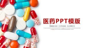 Templat PPT industri medis dengan latar belakang kapsul berwarna-warni