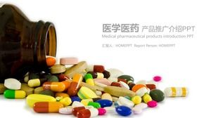 Template PPT industri medis dengan latar belakang pil dan kapsul berwarna-warni