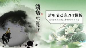 Qingming Festival PPT template of ink lotus shepherd boy background