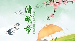 Qingming Festival PPT template of spring rain swallow peach background