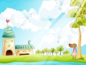 Fresh cartoon blue sky and green tree PPT background picture