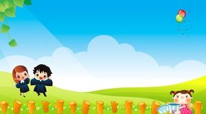 Cartoon blue sky and white cloud grass PPT background picture