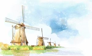 Seis desenhos animados castelo aquarela moinho de vento PPT imagens de fundo