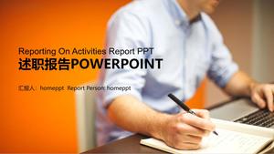 PPT-Vorlage für Arbeitsbericht auf orangefarbenem Schreibhintergrund