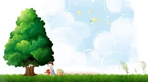 Trzy zdjęcia PPT z kreskówkowymi drzewami i trawą
