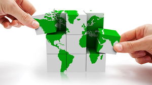 Green world map building blocks PPT background picture