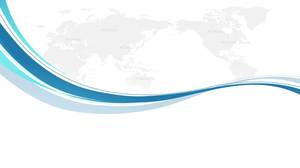 青のエレガントな曲線と世界地図のPPT背景画像
