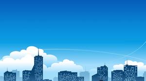 蓝色卡通扁平城市建筑PPT背景图片