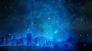 Image d'arrière-plan PPT de la ville sous le ciel étoilé bleu