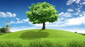 藍天白雲風車綠樹的PPT背景圖片
