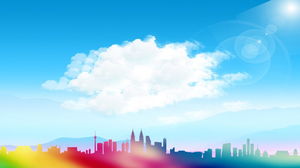Image d'arrière-plan PPT de ciel bleu et silhouette de ville couleur nuage blanc