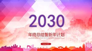 Template PPT dari rencana kerja tahun baru dengan poligon berwarna-warni dan latar belakang siluet kota