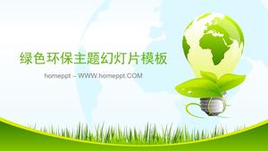Modello PPT di risparmio energetico e protezione ambientale su sfondo lampadina verde erba