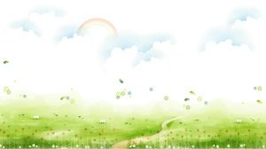신선한 잔디 흰 구름 무지개 만화 PPT 배경 그림