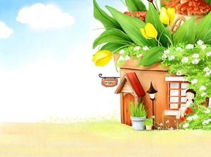 Sun flower big tree house cartoon PPT background picture