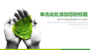 Green flat environmental protection PPT template on leaves background