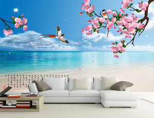 PPT background picture of home on the coast under blue sky and white clouds