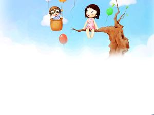 Little girl cartoon PPT obraz w tle siedzi na gałęzi